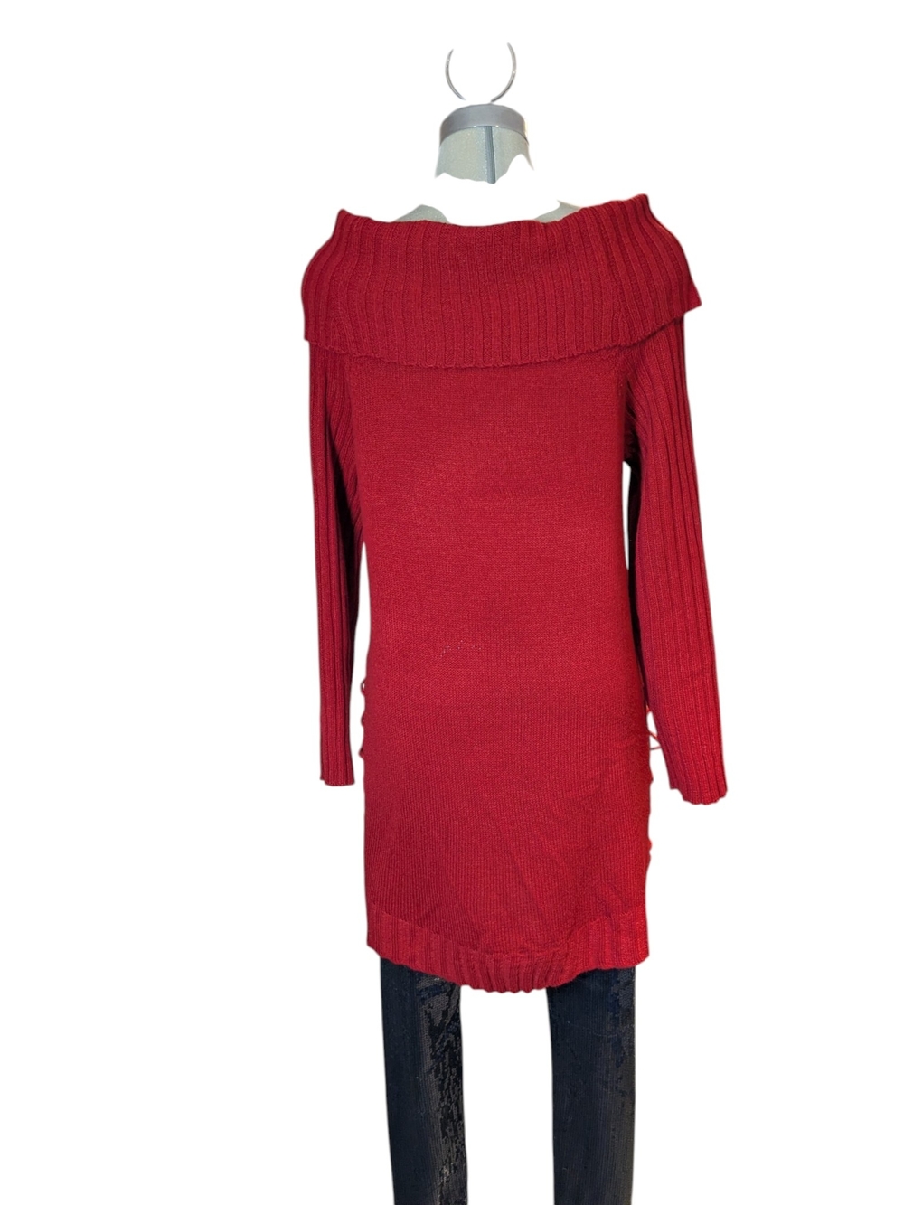 Off-Shoulder Lace-Up Knit Sweater in Red - Picture 11 of 15
